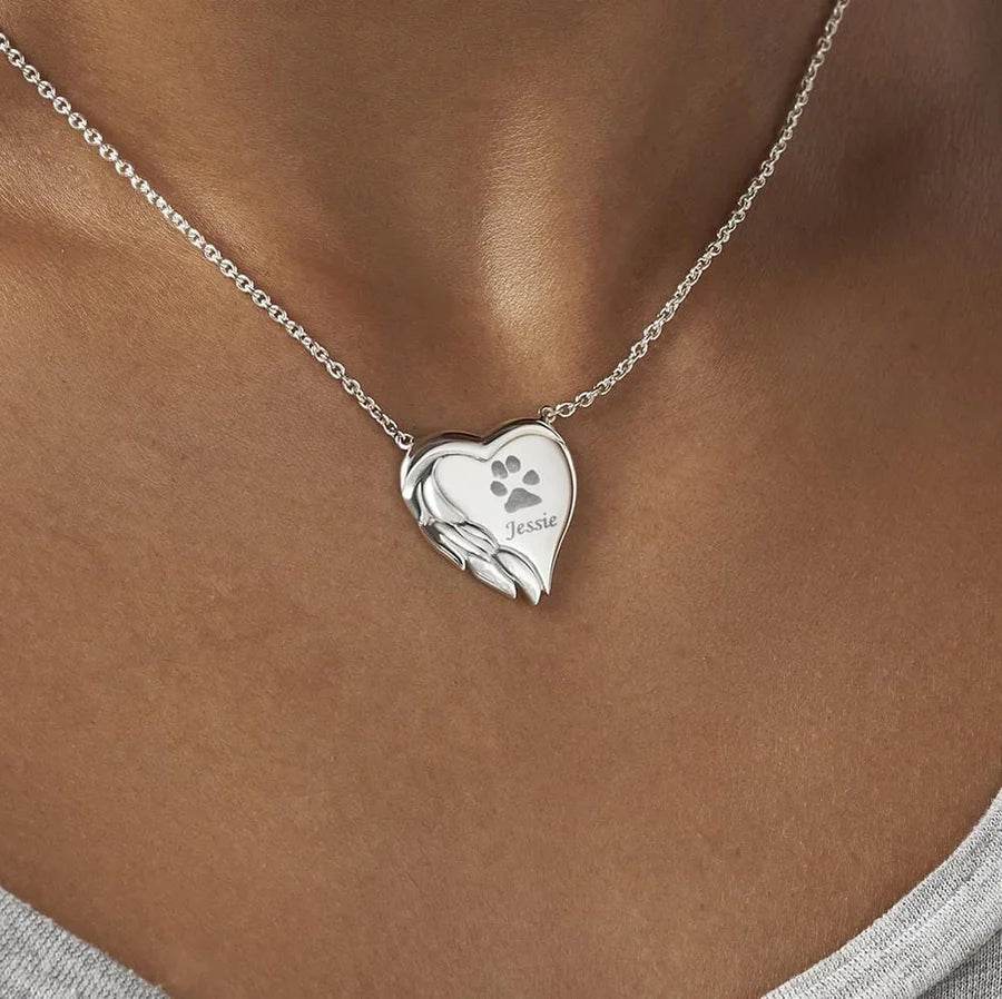 Winged Heart Pawprint Memorial Necklace - Engraved
