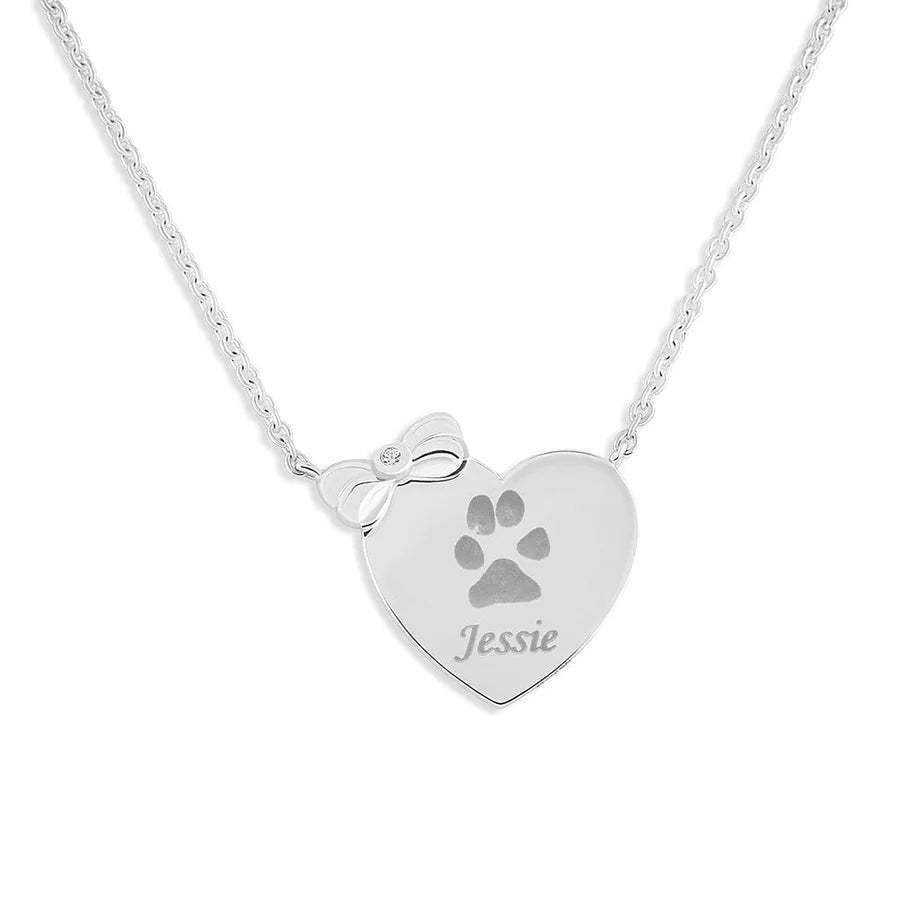 Heart and Bow Pawprint Memorial Necklace with Fine Crystal - Engraved
